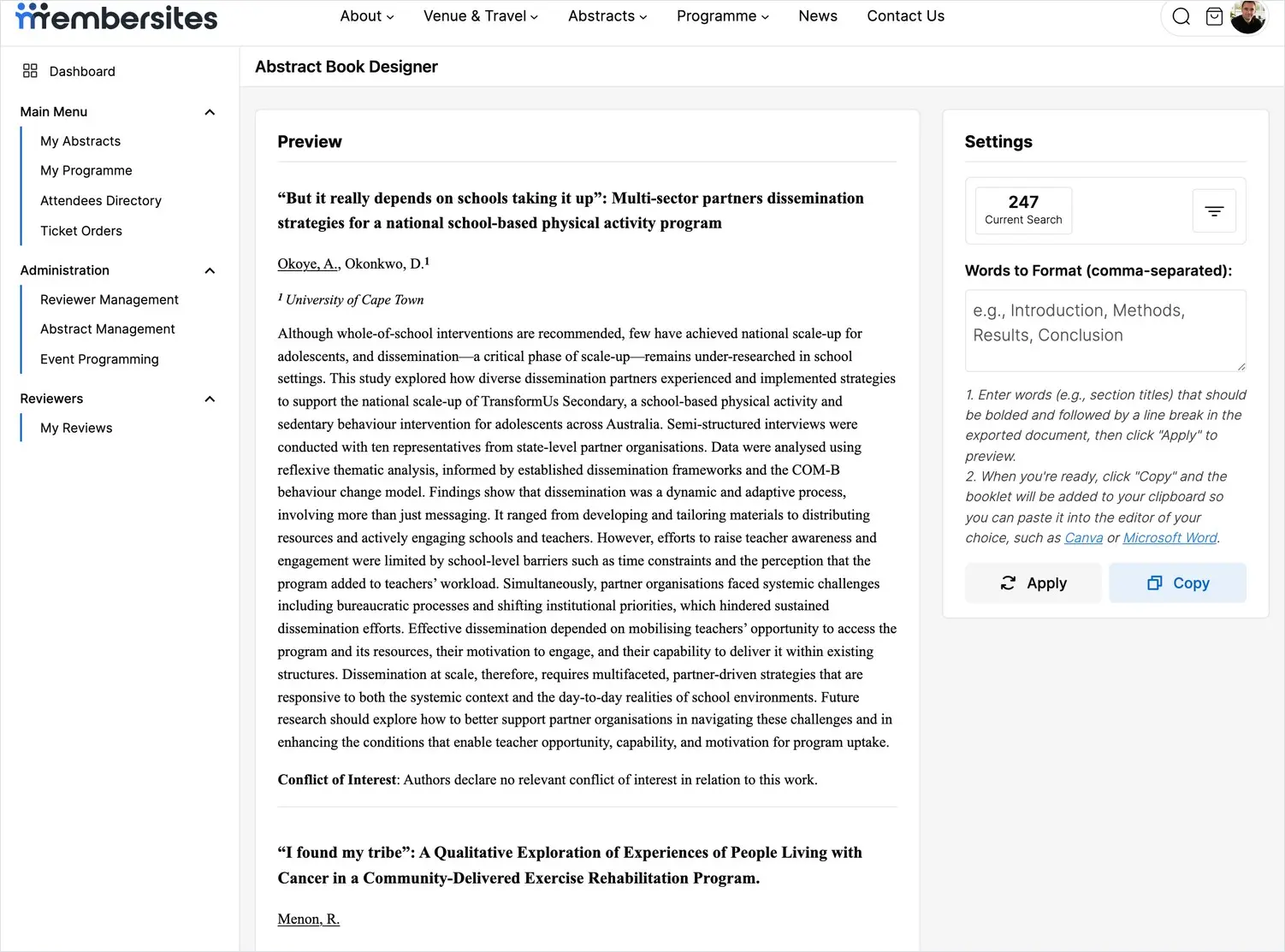 The Abstract Book Designer with a preview of formatted abstracts and the settings panel
