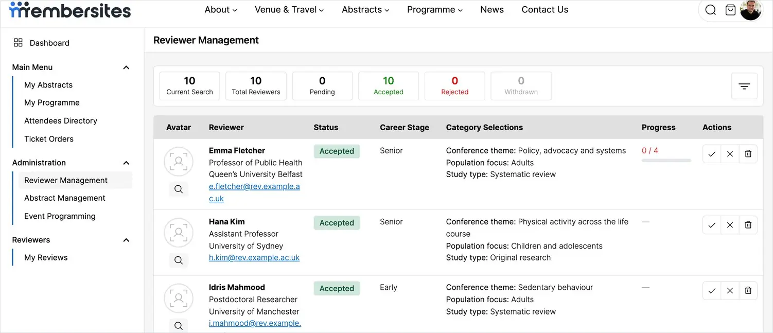 The top of Reviewer Management showing pending and accepted counts and accept or reject actions