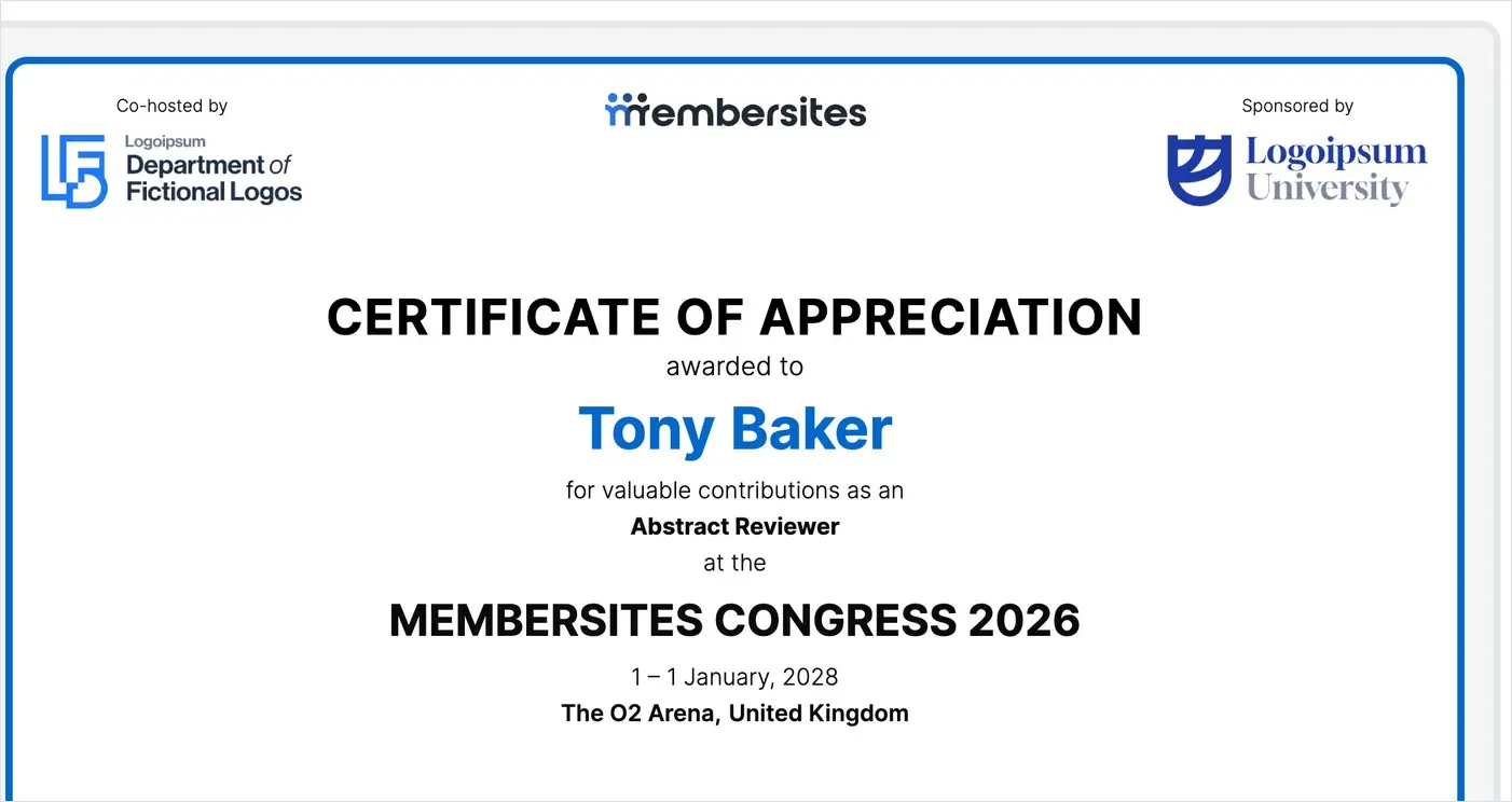 A certificate of appreciation for an abstract reviewer, personalised with their name