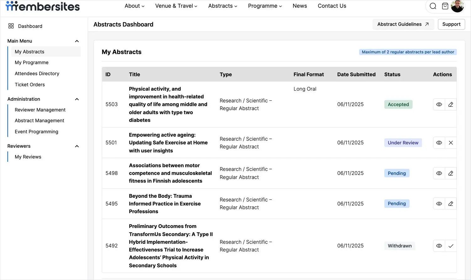 The My Abstracts dashboard listing submitted abstracts with their status and actions