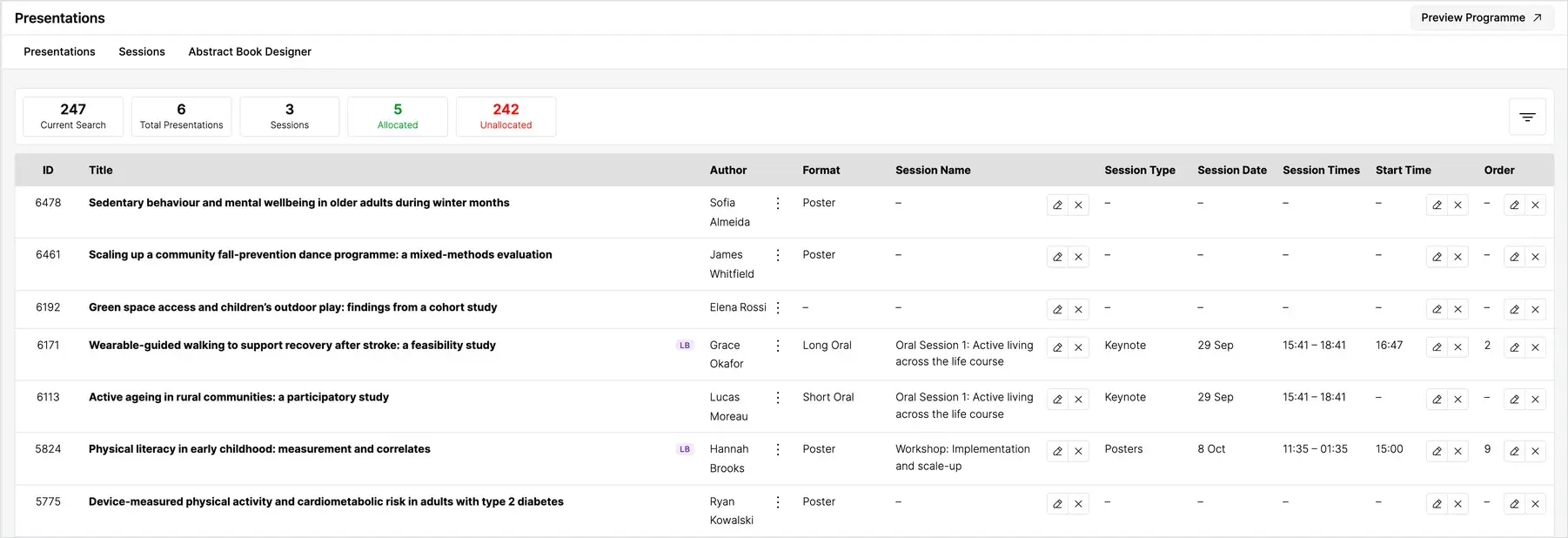 The Presentations tab of Event Programming with allocated and unallocated counts