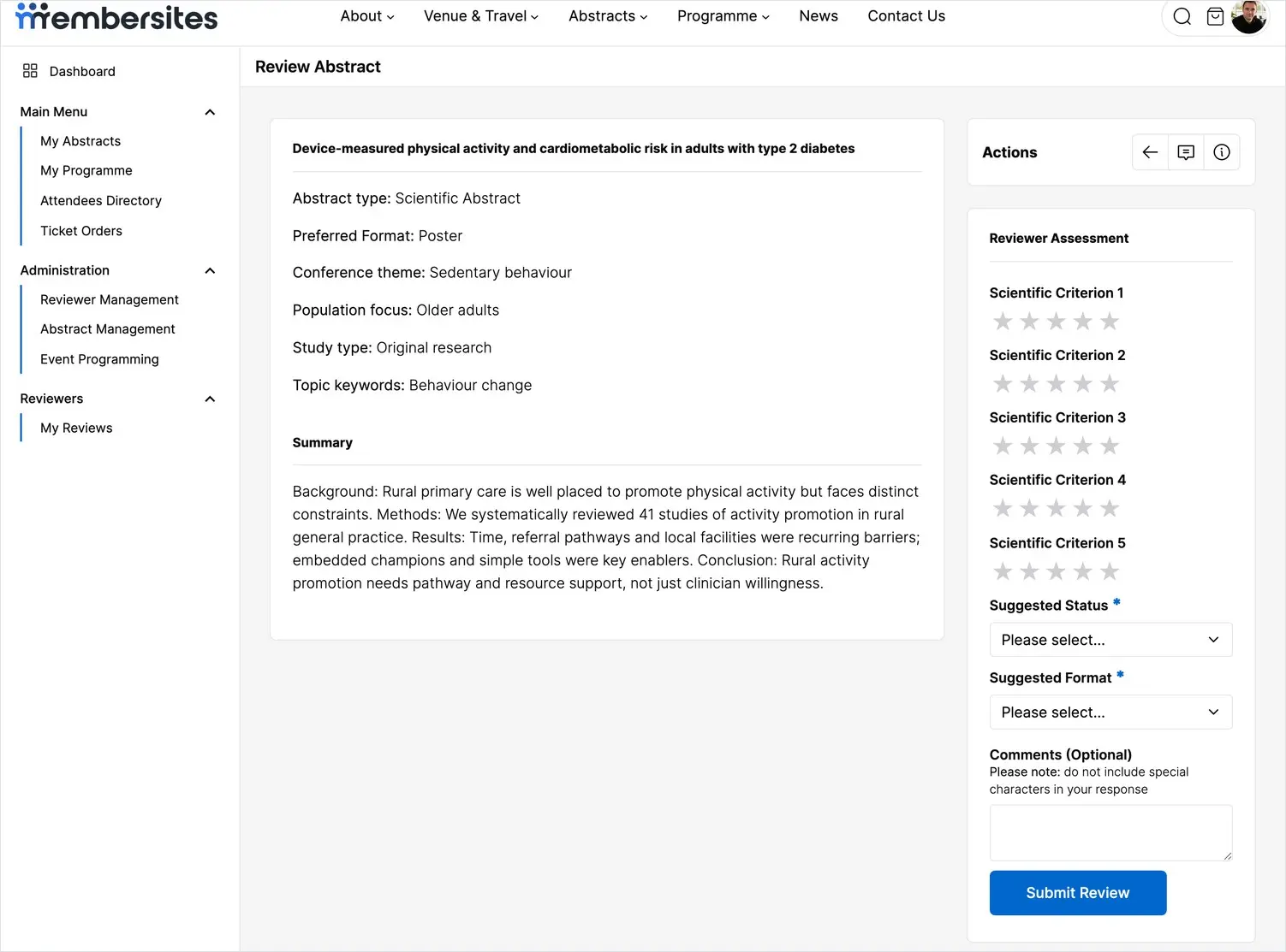 The Review Abstract screen showing the abstract and the reviewer assessment panel