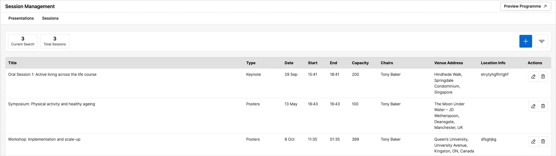 The Sessions tab showing the conference sessions with dates and times