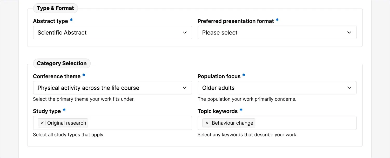 The Type and Format and Category Selection sections of the submission form, filled in