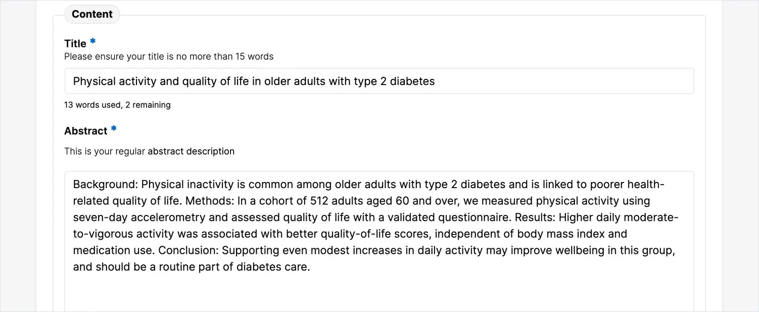 The Content section of the form showing the title field with a word counter and the abstract text