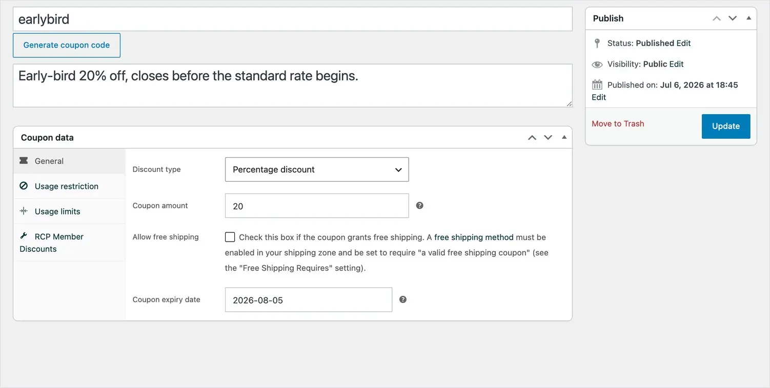 A coupon settings screen showing the discount type, amount and expiry date