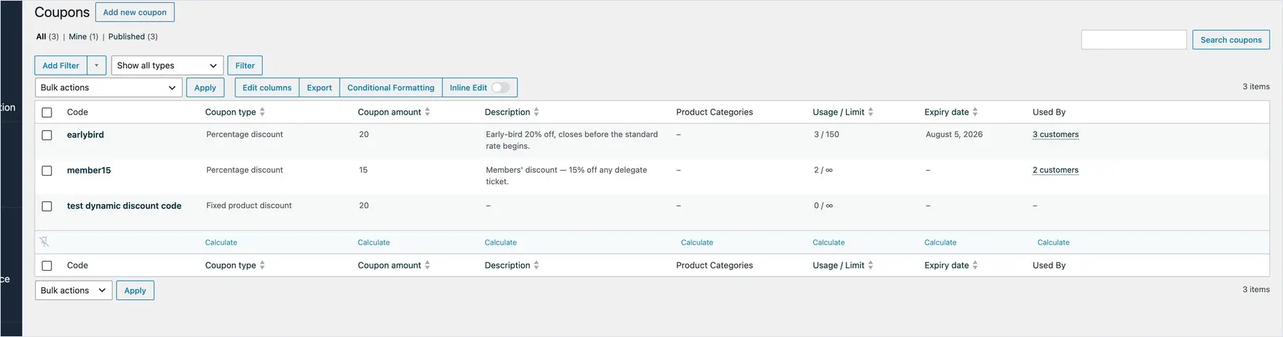 The WooCommerce Coupons list showing each code and its usage