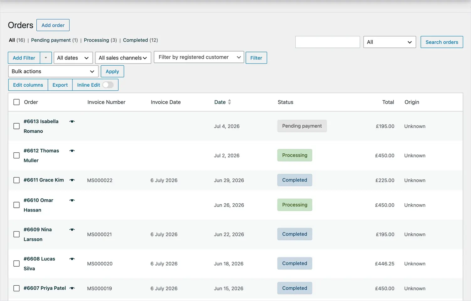 The WooCommerce Orders screen listing conference ticket orders