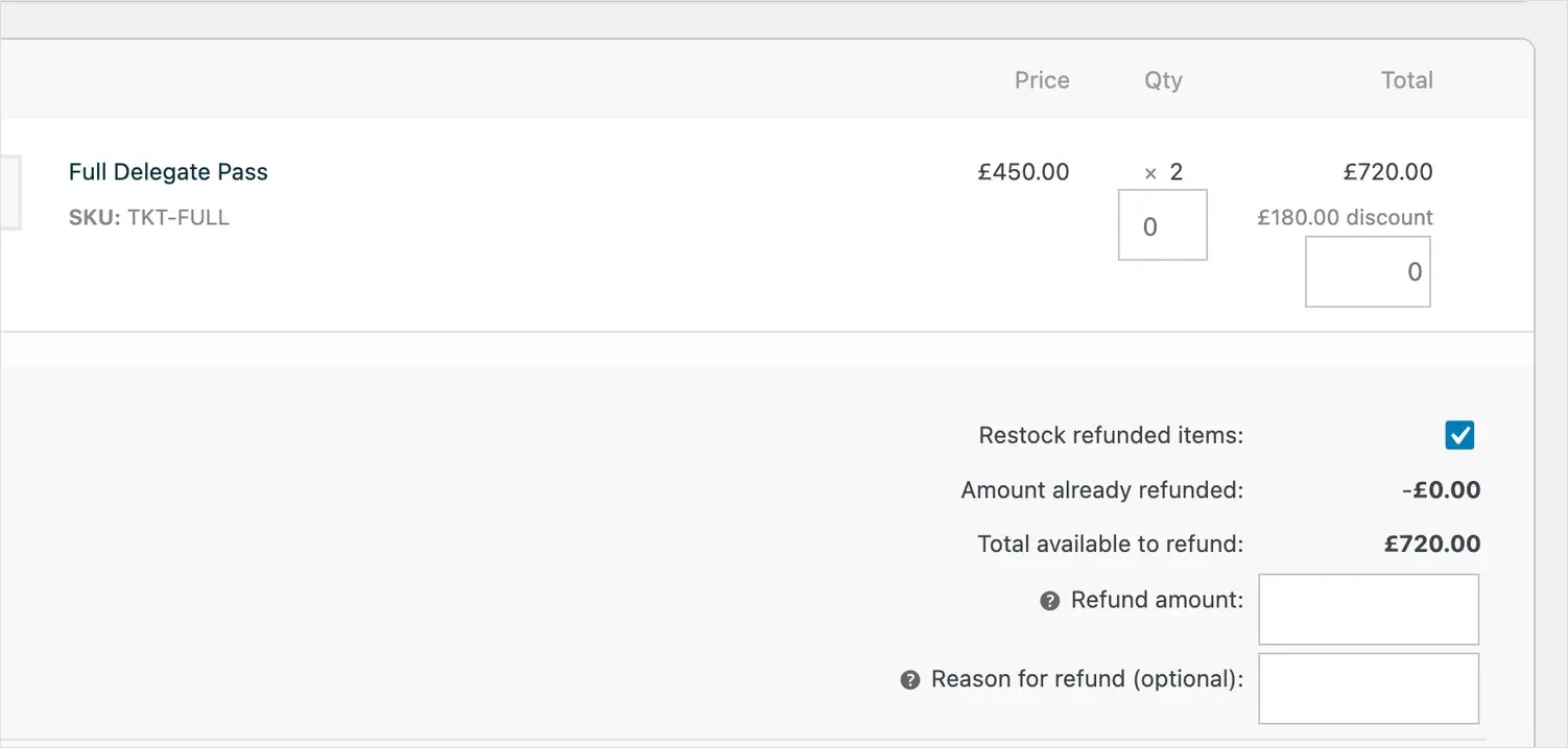 The WooCommerce refund form showing the amount available and the refund amount field
